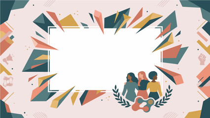 Obraz premium Celebratory geometric frame highlighting diverse women in unity, symbolizing empowerment and collaboration, perfect for social awareness and community events