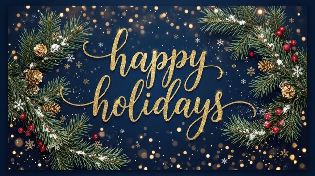 Digital greeting card words "Happy Holidays" happy holidays in elegant gold script over a dark blue