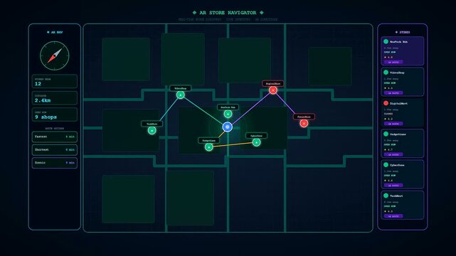 A futuristic dark interface demonstrating augmented reality shopping navigation as it calculates routes and reveals connected store nodes across a digital grid map.