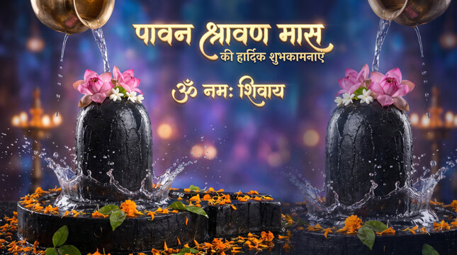 Sacred Shivling Abhishek with Floral Offerings for Pavan Shravan Maas Festival Greeting