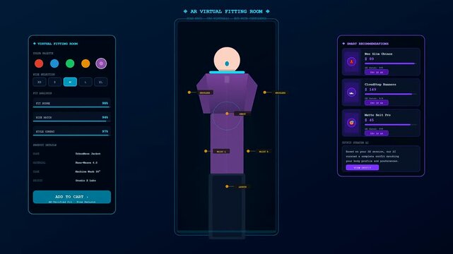 Experience interactive digital fashion as an innovative augmented reality shopping application dynamically visualizes clothing size, color, and fit.
