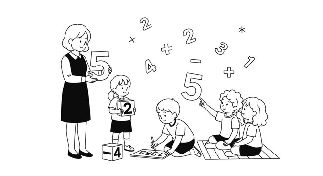 A line art illustration of a teacher and students learning mathematics, playing with numbers and arithmetic blocks, representing primary education and classroom learning activities.