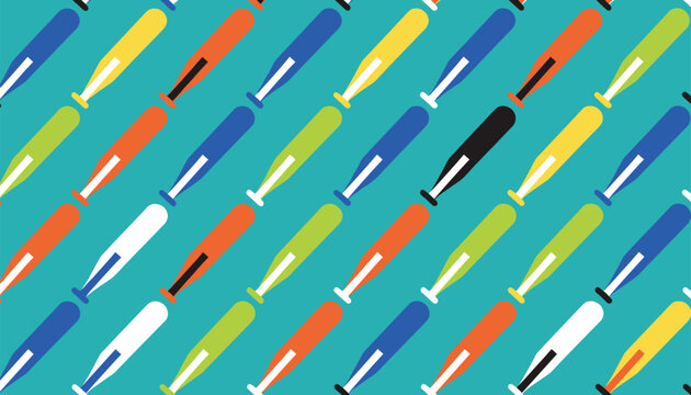 Pattern of colorful baseball bats placed diagonally, featuring a single black bat standing out among multicolored ones against a vibrant teal background.