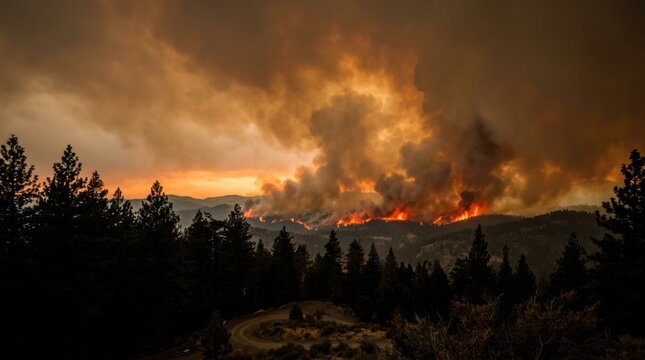 Forest fire burning distance sky is wildfires BC British Columbia Valley dramatic intense flames