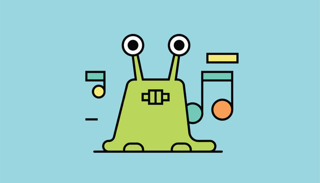 Green alien creature with large eyes on stalks, holding musical notes as if performing or composing music, against a soft cyan background.