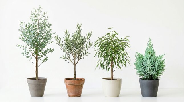Four different types plants arranged row Atriplex canescens and Calligonum comosum set against a white background
