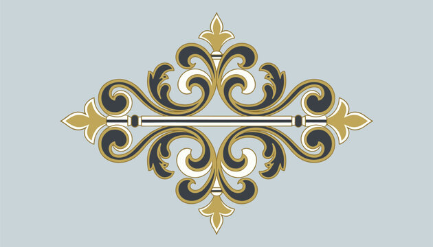 Elegant ornamental divider with intricate scrolls in gold and dark tones, set against a soft light blue background for classic designs.