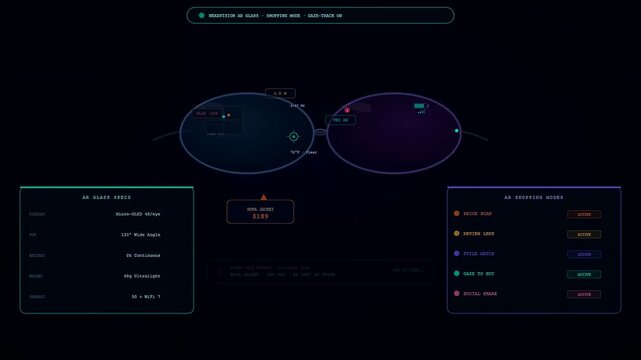 A digital interface demonstration showing how augmented reality shopping technology overlays product specifications and interactive purchasing options onto a futuristic smart glasses display.