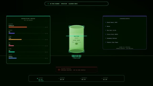 A futuristic mobile application uses Augmented Reality Shopping technology to scan canned food, revealing real time nutritional facts and instant allergen warnings.
