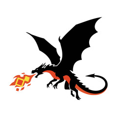 Fototapeta premium Mythical dragon silhouette with sleek black scales and red underbelly exhaling geometric flame shapes isolated on a white background fantasy creature concept