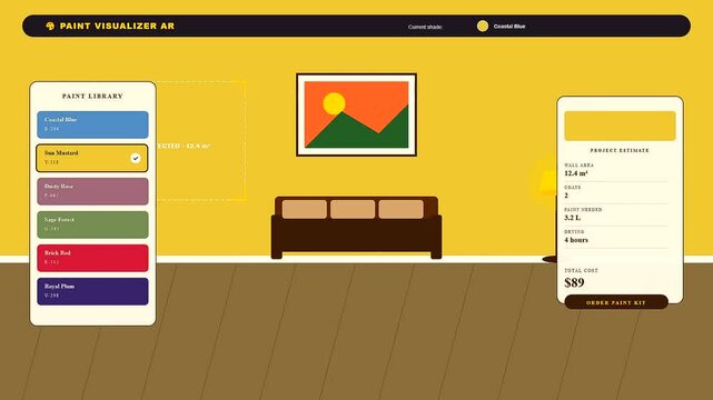An interactive augmented reality shopping application dynamically changes wall colors in a virtual living room while automatically calculating coverage and total cost estimates.