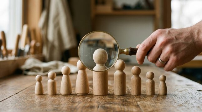 Hand holding magnifying glass over group Quick recruitment of staff for limited periods to meet peak