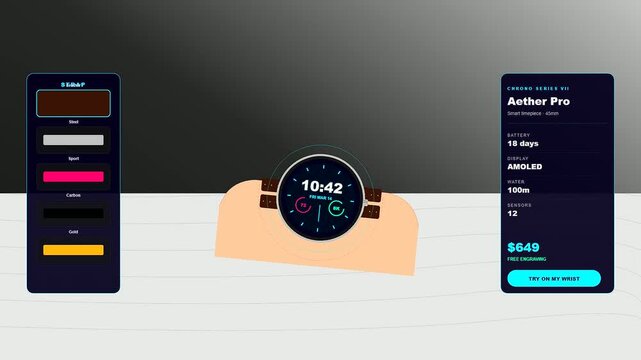 Selecting custom bands in a modern augmented reality shopping application allows users to virtually preview a premium smartwatch on a simulated human wrist.