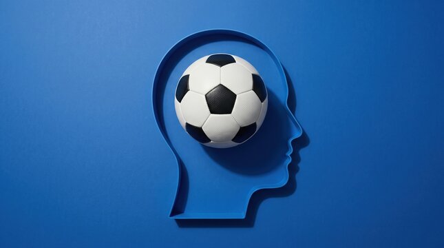 Soccer ball inside a blue human head silhouette concept with silhouette thinking psychology training strategy