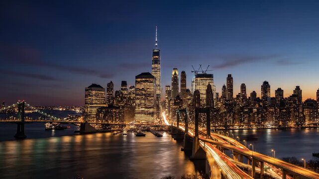 Time lapse of New York financial center skyline and Brooklyn Bridge at night