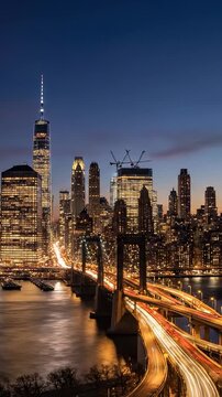 Time lapse of New York financial center skyline and Brooklyn Bridge at night
