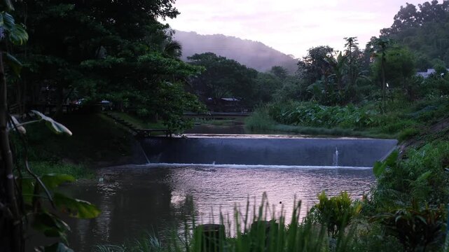 River flowing through the check dam in rural village and forest
