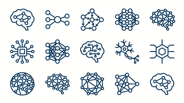 Collection of various neural network and brain connection icons