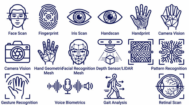 Biometric authentication icons set including face scan fingerprint iris scan handprint and voice biometrics
