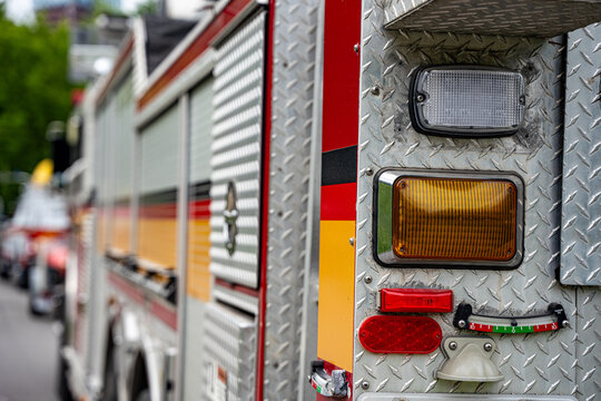 Close up of emergency vehicle rear side details.