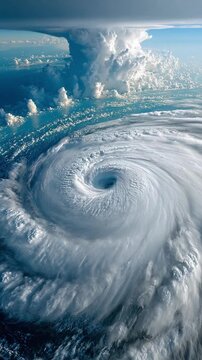 Eye of the Storm: A breathtaking aerial view of a massive hurricane swirling over the ocean, revealing its powerful and mesmerizing spiral structure under a dramatic sky.