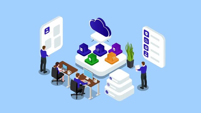 Isometric Cloud Computing and IT Infrastructure Management Team Vector Illustration 3d animation cartoon