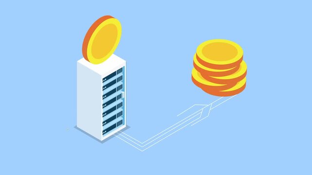Isometric Crypto Bank Server with Gold Coins and Business People 3d animation cartoon
