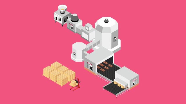 Food Manufacturing and Packaging Plant Concept 3d animation cartoon