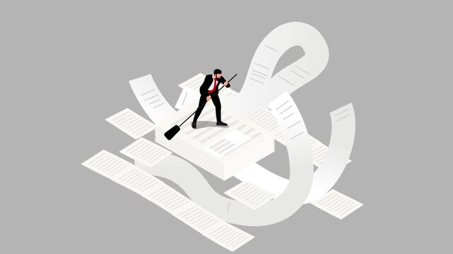 Isometric Businessman Overwhelmed and Rowing through Bureaucracy Paperwork 3d animation cartoon