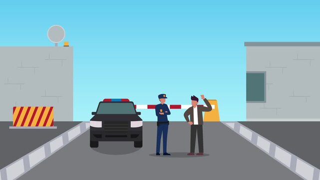 Flat Vector Police Officer and Businessman at Border Control Checkpoint cartoon animation