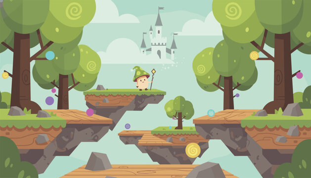 Cartoon fantasy level map for platformer video game featuring floating islands, green trees, a wizard character, and a distant castle.