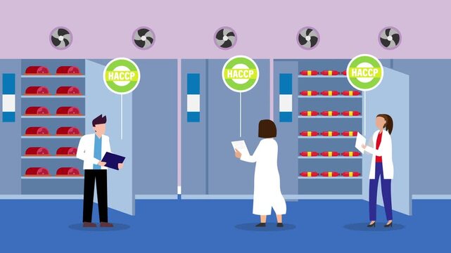 Food Safety Inspectors Checking Cold Storage Inventory with HACCP Quality Certification cartoon animation