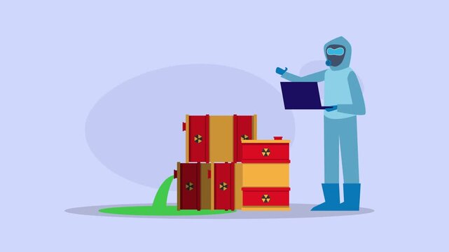 Scientist in Hazmat Suit Checking Leaking Radioactive Waste Barrels cartoon animation