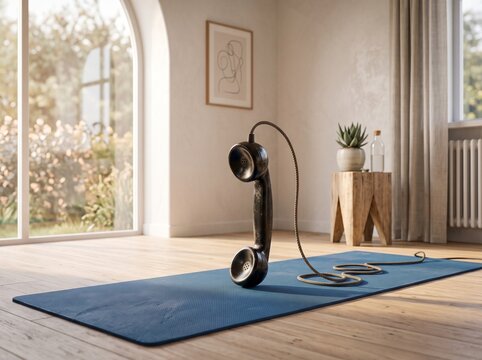 Vintage telephone receiver floating above a blue yoga mat in a bright minimalist room representing digital detox