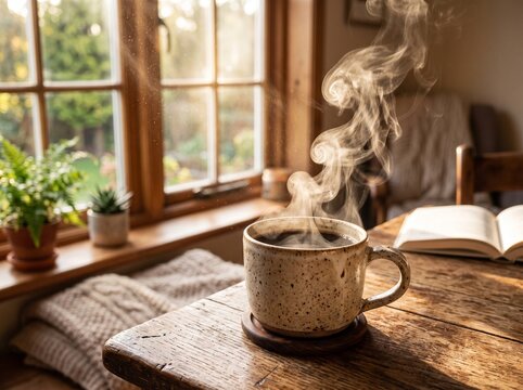 Steaming coffee in a cozy mug on a wooden table next to an open book and a window with sunlight, creating a warm and inviting atmosphere