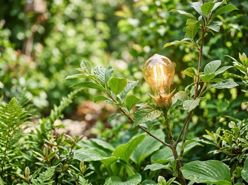 Glowing Light Bulb Growing Like a Fruit on a Green Plant Stem in a Lush Natural Garden Setting