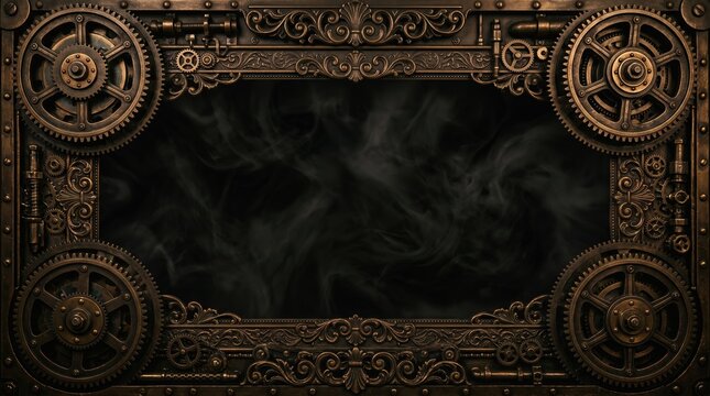 Steampunk ornate decorative frame with gears and smoke steampunk background decorative border industrial design