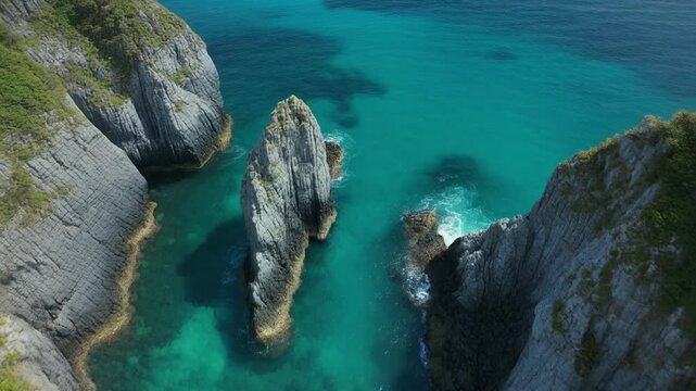 Senkaku bay aerial view of rugged cliffs and turquoise sea