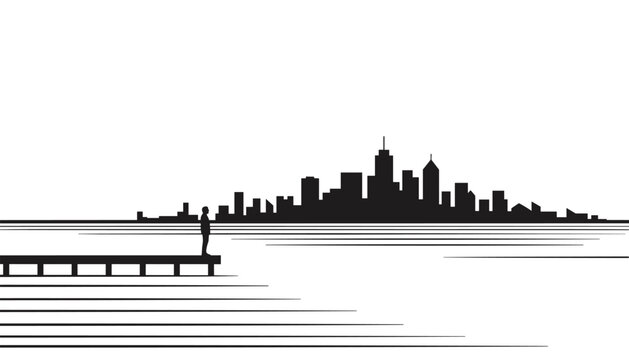 Silhouette of a solitary person stands on a wooden pier looking towards a distant metropolitan skyline across calm waters.