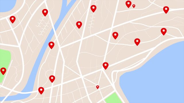 4K UHD Animated city map with location pins and navigation routes. Modern GPS tracking concept for smart city