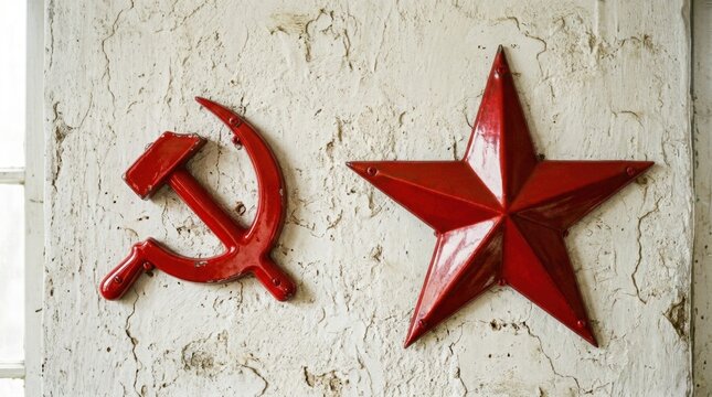 Two objects white textured background left Vivid studio image of a bold red hammer and sickle