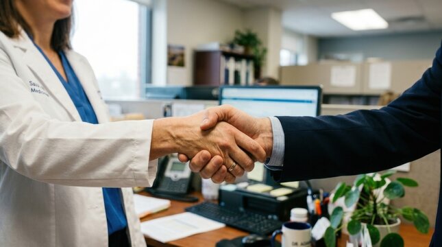 Two people shaking hands office setting Corporate handshake in setting, focus on close-up