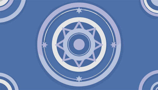 Mystical celestial magic circle featuring a sun emblem and star patterns is displayed on a deep blue background.