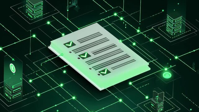 Digital checklist documents with glowing lines and nodes in a futuristic network environment