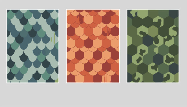 Presentation of three distinct textured patterns showing blue-green fish scales, orange-red roof tiles, and green hexagonal camo.
