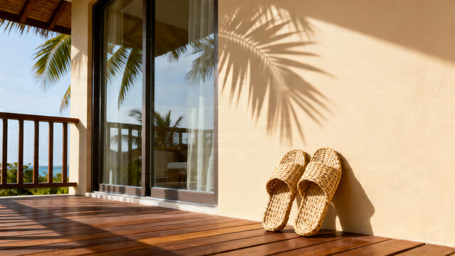 Cozy slippers on wooden deck of minimalist hotel balcony