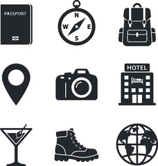 Fototapeta premium Travel Icons Featuring Passport Compass And Backpack Silhouette