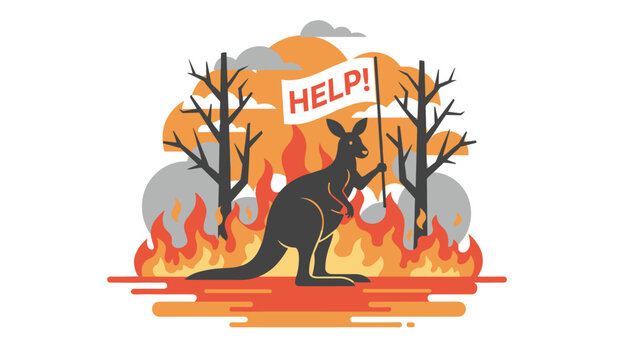 Kangaroo holding a help sign standing in front of burning dry trees representing wildfire danger and environmental awareness theme.