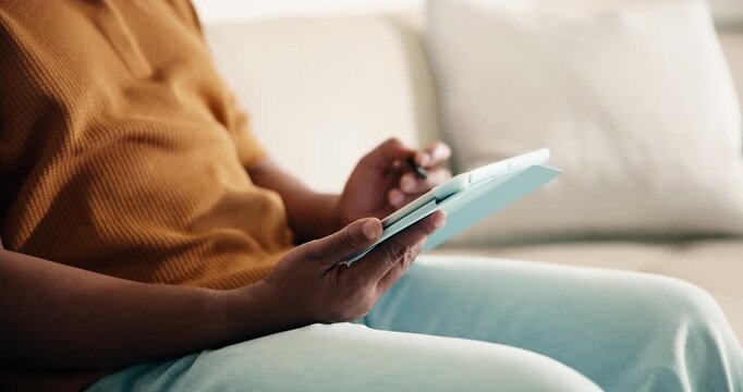Man, hands and writing in home with tablet, remote work and graphic designer for creative campaign. Person, stylus and tech in house with freelance job, online project and planning for logo design.