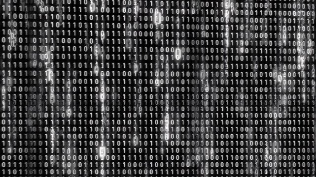 Binary Code Matrix A mesmerizing visual representation of digital information with streams of binary code cascading in a matrix formation against a dark background